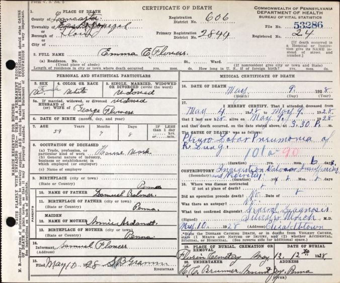 Emma C. Flowers Death Cert