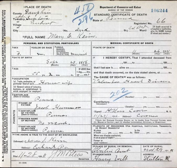Mary E. Keim Death Cert