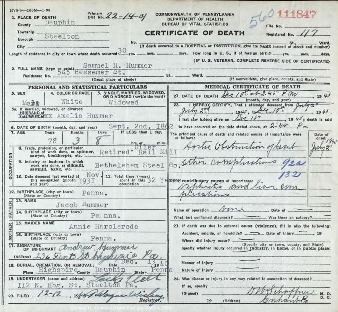 Samuel H. Hummer Death Cert